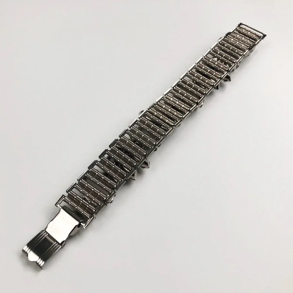 White rhinestone wide bracelet, accent silver mesh bracelet large fancy crystal